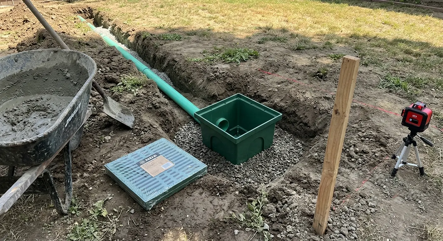 A surface drain basin set in a low spot in the yard of a Pasadena home.
