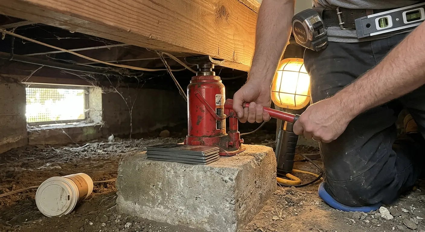 A hydraulic bottle jack mounted on a concrete pier in a Pasadena crawl space, lifting a wood floor beam by 1/8 inch; a clip board with the lift sequence sits at the edge of the frame.