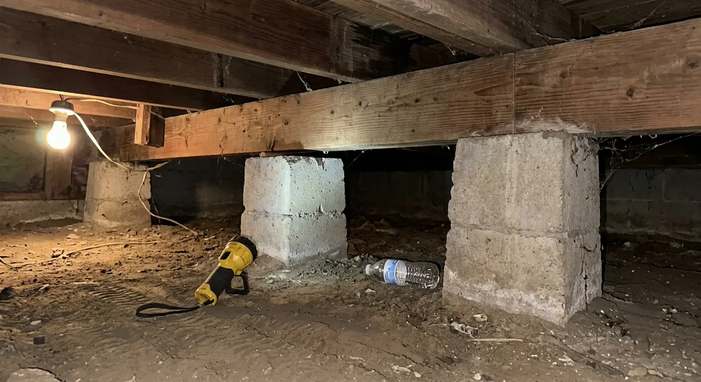 Inside the crawl space of an older Pasadena pier-and-beam home; an original concrete pier has visibly settled below the wood beam.
