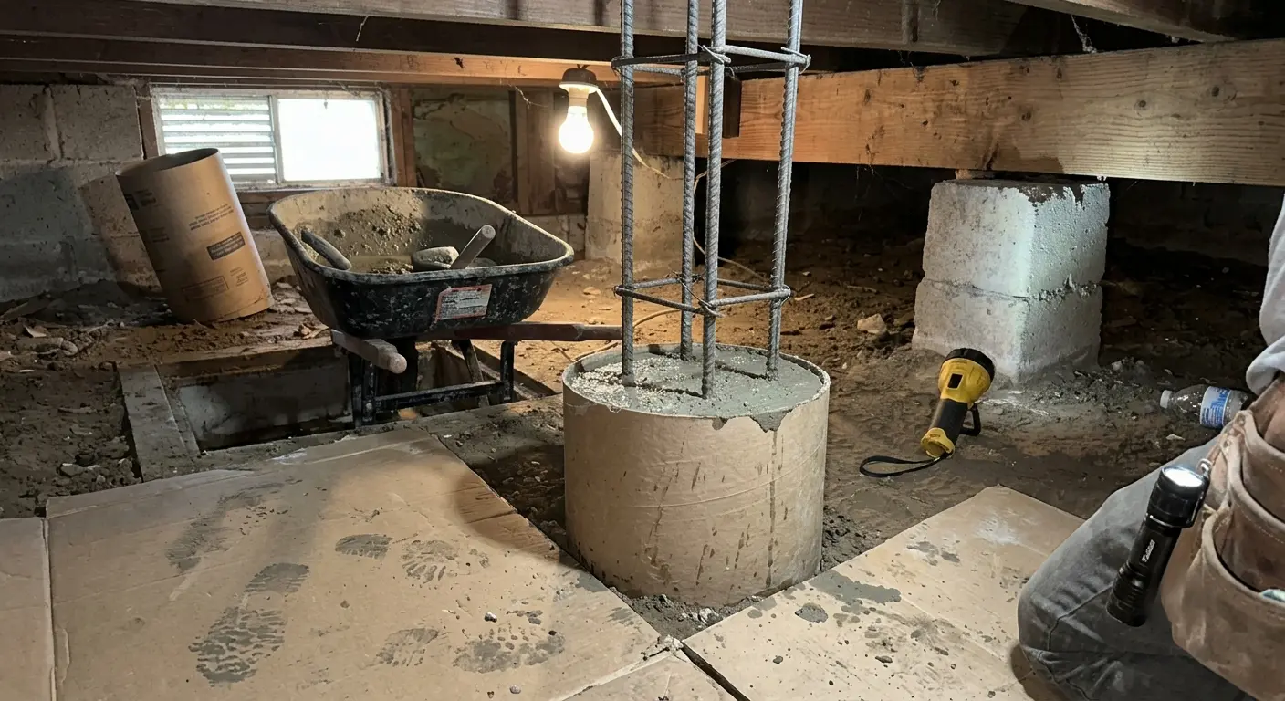 A new concrete pier being formed inside a cardboard tube in the crawl space of a Pasadena pier-and-beam home; a wheelbarrow of fresh concrete sits at the crawl space access.
