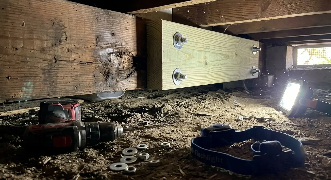 A section of damaged wood floor beam has been sistered with new pressure-treated lumber in a Pasadena crawl space; a cordless drill lies on the dirt floor nearby.
