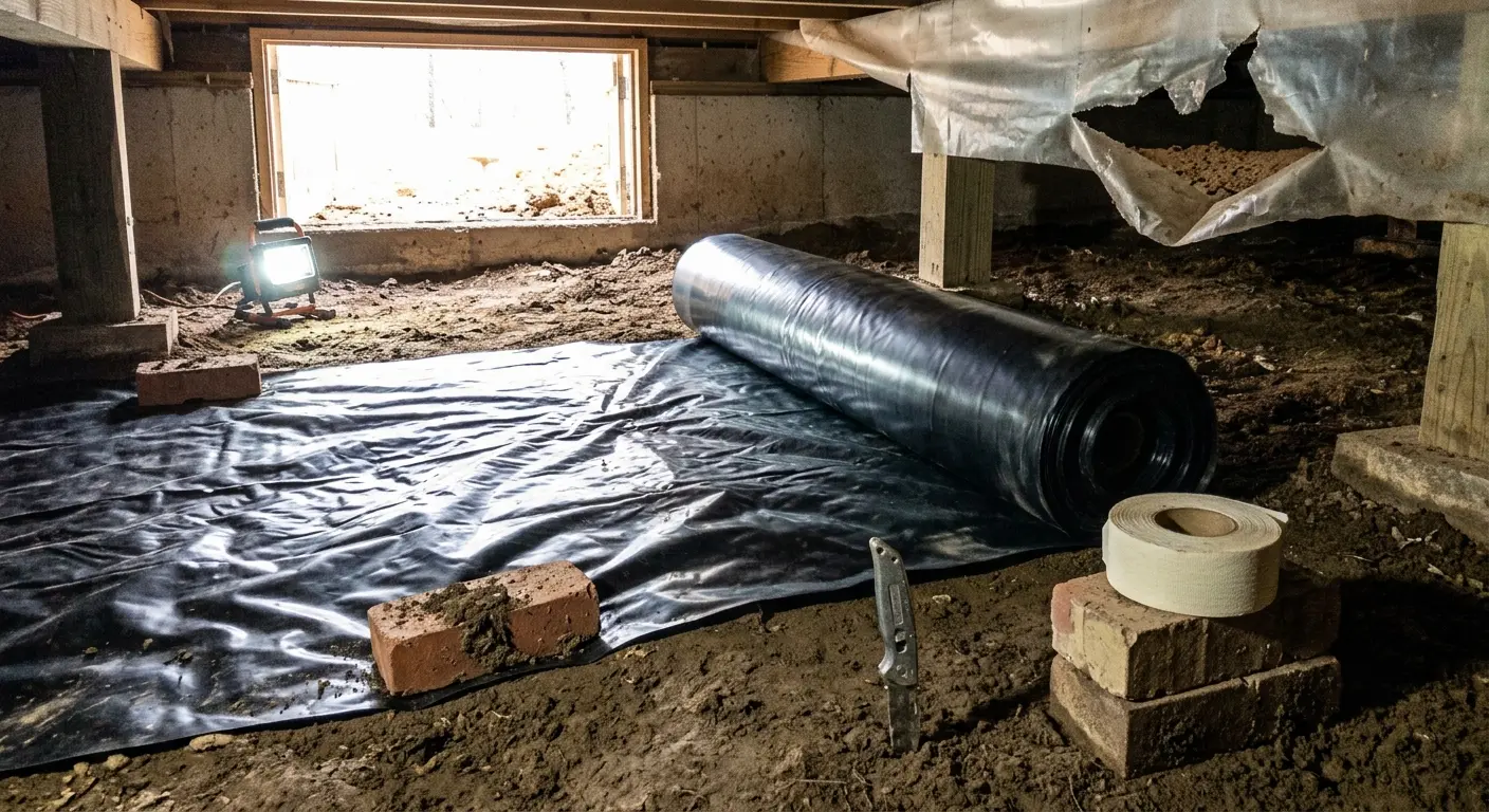 A worker unrolls 6-mil black polyethylene vapor barrier across the crawl space dirt floor of a Pasadena pier-and-beam home; a utility knife sits in the dirt nearby.