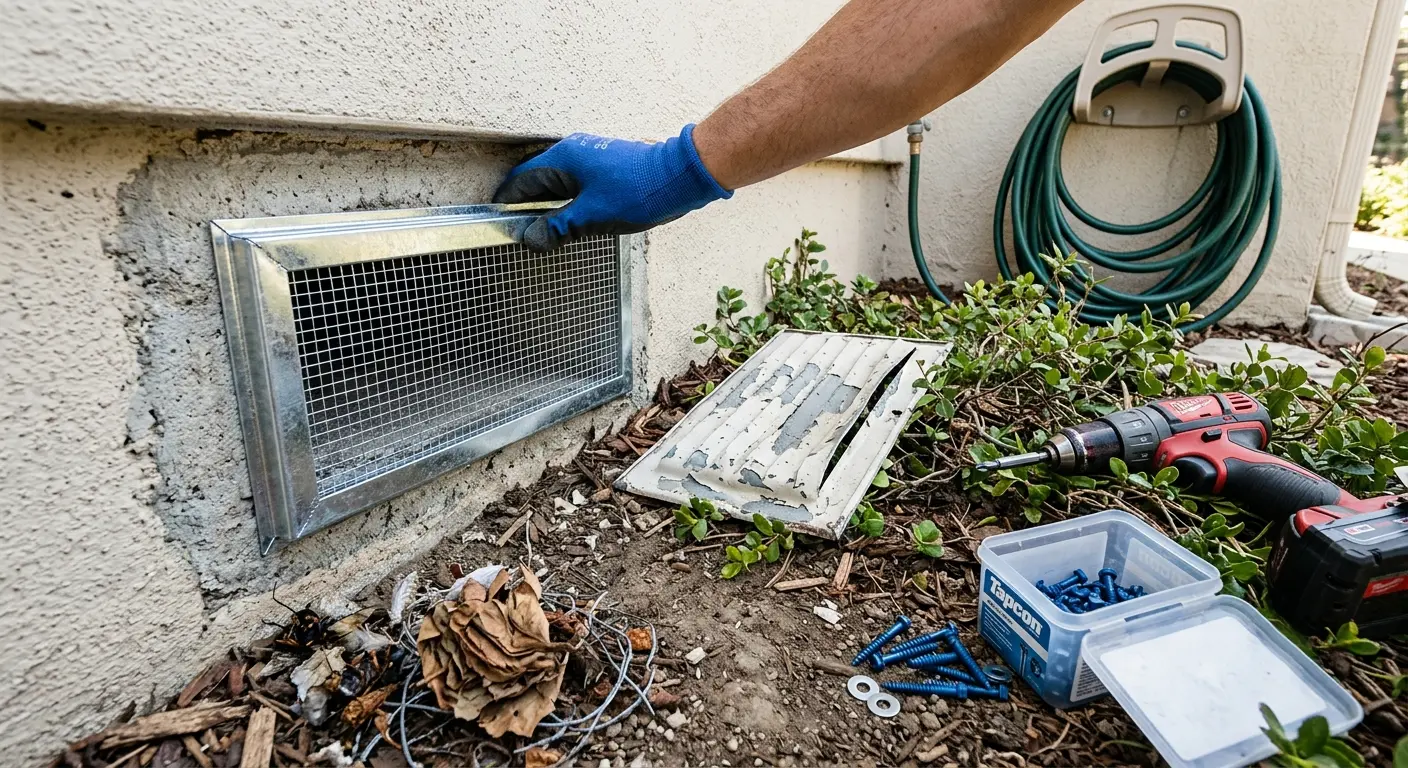 A new galvanized crawl space vent cover being installed at a Pasadena home's foundation; the old warped cover sits on the ground below.
